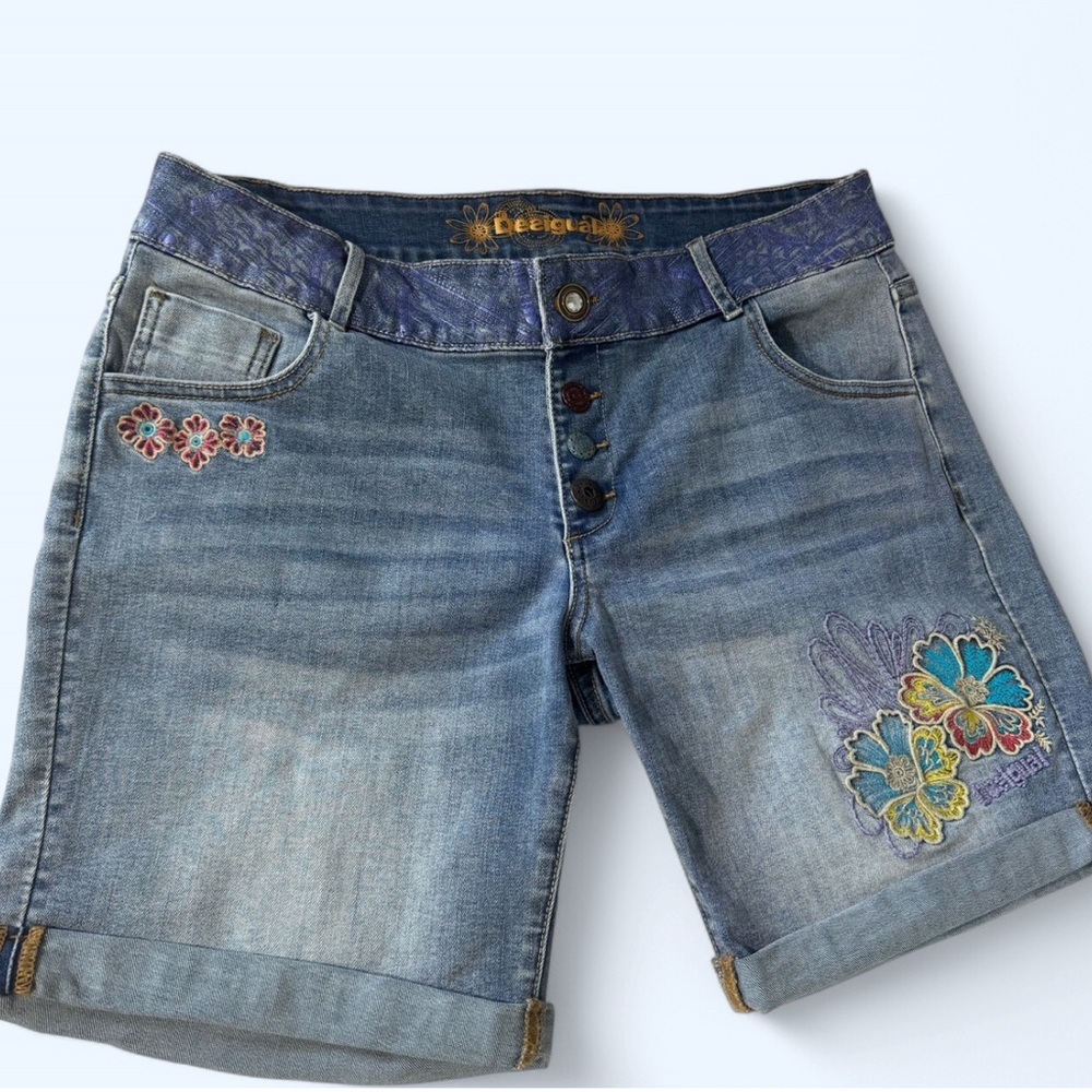 Desigual Blue Jean Shorts with Floral Embroidery
